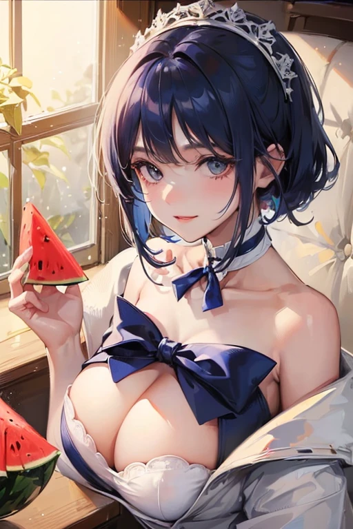 (((32k))),(((highest quallity))),(The perfect girl)One about 、navy blue hair、Short Cuts、innocent smirk、stuffed rabbit、Sparkling wine、high resolution、Feeling of cleanliness、Clothes with protruding shoulders、summer vacation、watermelon,(((big breasts 2)))