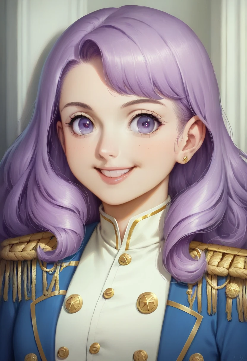 (((masterpiece, Highest quality, High resolution, Super detailed),(beautifully、Aesthetically beautiful:1.2), 1 female, (Wavy pink hair), (Purple Eyes), Beautiful Face, (smile), Detailed eyes and face, Perfect body, whole body, Empire cut frock in rich maroon velvet with tailored military blazer, The gold epaulettes and brass regimental buttons are neatly arranged.,An illustration,anime
