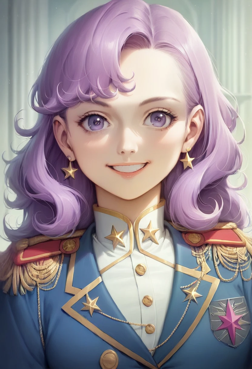 (((masterpiece, Highest quality, High resolution, Super detailed),(beautifully、Aesthetically beautiful:1.2), 1 female, (Wavy pink hair), (Purple Eyes), Beautiful Face, (smile), Detailed eyes and face, Perfect body, whole body, Empire cut frock in rich maroon velvet with tailored military blazer, The gold epaulettes and brass regimental buttons are neatly arranged.,An illustration,anime
