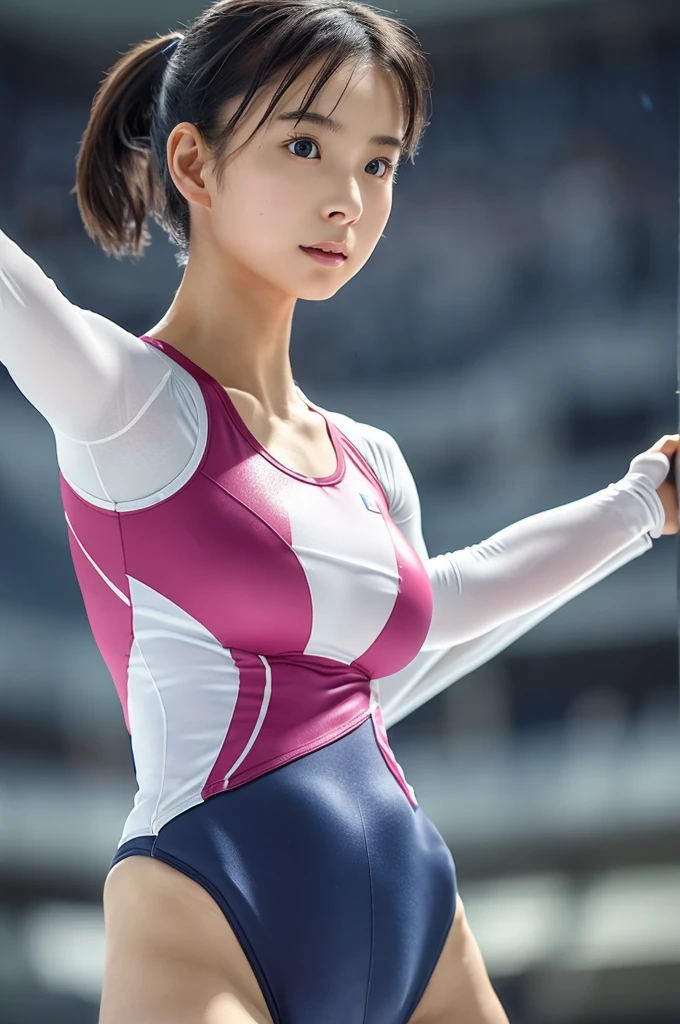 8K、High definition、Ultra Detail、Photorealistic、High resolution、Realistic and accurate depiction、Realistic and accurate human anatomy、Highest quality、Japanese women 、beautiful girl、Japan 1 woman, 19 years old、日本人のbeautiful girl, Short Ponytail,Gymnastics leotard, U-neck, Long sleeve, Main and trim full foil fabric, Digitally Printed Lycra Fabric, Gorgeous crystal color, ((gymnastics arena)) ,Beautiful appearance,Perfect Face,Detailed face and eyes,Attractive face, Are standing,Head to Knee、cute、Active、Huge breasts, Beautiful Eyes, Perfect Face,Full Body Shot、アイドルのような非常にcute顔