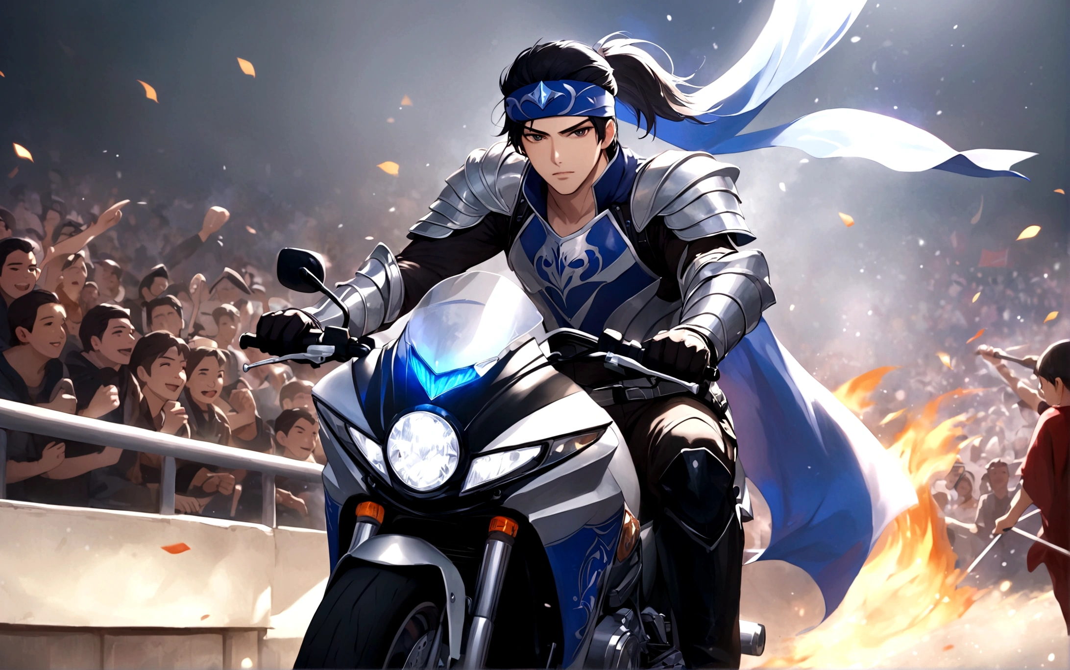 solo,Looking at the audience,Black hair,1boy,hold,Ponytail,arms,Male focus,holdarms,armor,Headband,Scapula,banner,Riding on a motorcycle,