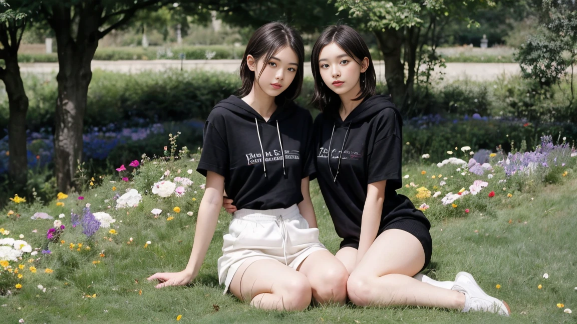 deux femmes ensemble de 18 ans sexy et mince , black short sleeve hoodie , dans un jardin de fleur, se touche,position sey,sensuel