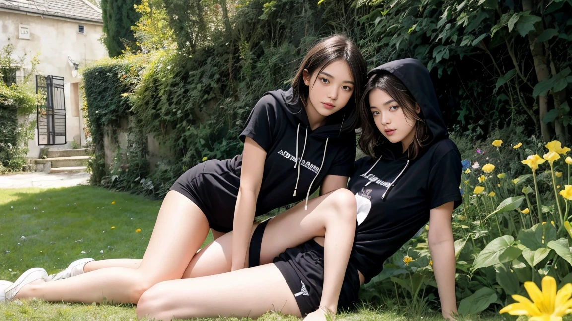 deux femmes ensemble de 18 ans sexy et mince , black short sleeve hoodie , dans un jardin de fleur, se touche,position sey,sensuel