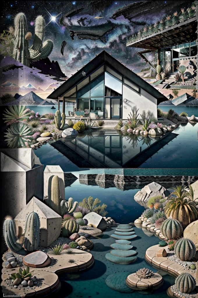 An illustration, collage style, David Hockney visual style, (((Luis Barragán's architectural style houses in middle of a lake))), big boulders, little cascade, mountains, volcanos, volcanic landscape, pool, stairs, beautiful gardens, abundant vegetation, cacti, agave, big clouds, sunset. Magazine cover, serif tipography, editorial design, masterpiece, An illustration in collage style, con rocas gigantes, Brutalist construction sections, escaleras, cactus, agave, textura de concreto, Multiple geometric shapes, hatch and cross hatching, planeta Saturno. ((masterpiece, best quality)),illustration,ultra detailed 8k. (((An illustration of a build designed by Luis Barragán))), with a desertic vegetation garden, (big rocks), ((cacti)), lake, volcano in horizon, smooth clouds, (((illustration collage format))), ((Escher's art style)), (((multiple sections))), (violet, blue, olive green, grey, black and white), hard shadows, (((geometric sculptures))), concrete sculptures, high contrast, dramatic, cinematographic, ((milky way galaxy)), intricate, intricate details, sharp focus,landscape