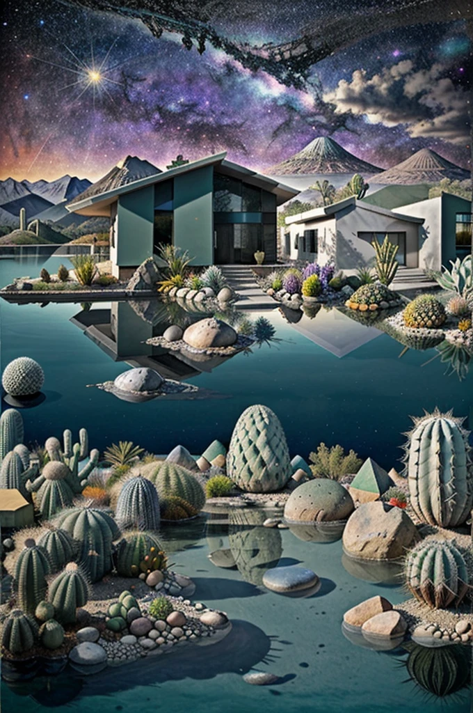 An illustration, collage style, David Hockney visual style, (((Luis Barragán's architectural style houses in middle of a lake))), big boulders, little cascade, mountains, volcanos, volcanic landscape, pool, stairs, beautiful gardens, abundant vegetation, cacti, agave, big clouds, sunset. Magazine cover, serif tipography, editorial design, masterpiece, An illustration in collage style, con rocas gigantes, Brutalist construction sections, escaleras, cactus, agave, textura de concreto, Multiple geometric shapes, hatch and cross hatching, planeta Saturno. ((masterpiece, best quality)),illustration,ultra detailed 8k. (((An illustration of a build designed by Luis Barragán))), with a desertic vegetation garden, (big rocks), ((cacti)), lake, volcano in horizon, smooth clouds, (((illustration collage format))), ((Escher's art style)), (((multiple sections))), (violet, blue, olive green, grey, black and white), hard shadows, (((geometric sculptures))), concrete sculptures, high contrast, dramatic, cinematographic, ((milky way galaxy)), intricate, intricate details, sharp focus,landscape