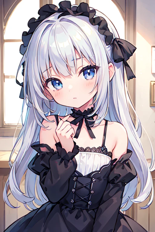 (best quality, masterpiece:1.2), ultra detailed, extremely detailed eyes and face, natural skin texture, detailed skin, natural lighting,
 chibi, 1 girl, 12-years-old, (cute), silver hair, middle hair, straight hair, shiny hair, blue eyes, flat chest,
 gothic lolita,
 upper body,