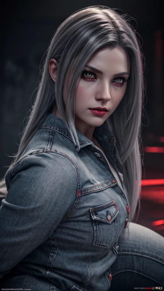 a white with grey highlights hellhound girl, beautiful detailed red eyes, beautiful detailed lips, extremely detailed face, long eyelashes, tight jeans (best quality,4k,8k,highres,masterpiece:1.2),ultra-detailed,(realistic,photorealistic,photo-realistic:1.37),concept art, vibrant colors, dramatic lighting, dramatic atmosphere, full body 