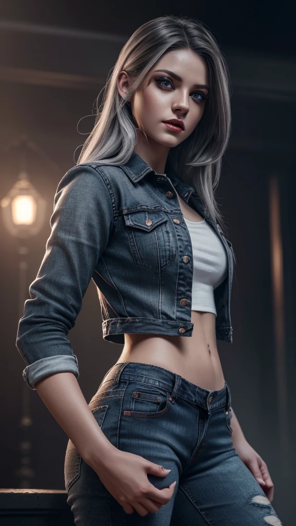 a white with grey highlights hellhound girl, beautiful detailed red eyes, beautiful detailed lips, extremely detailed face, long eyelashes, tight jeans (best quality,4k,8k,highres,masterpiece:1.2),ultra-detailed,(realistic,photorealistic,photo-realistic:1.37),concept art, vibrant colors, dramatic lighting, dramatic atmosphere, full body 