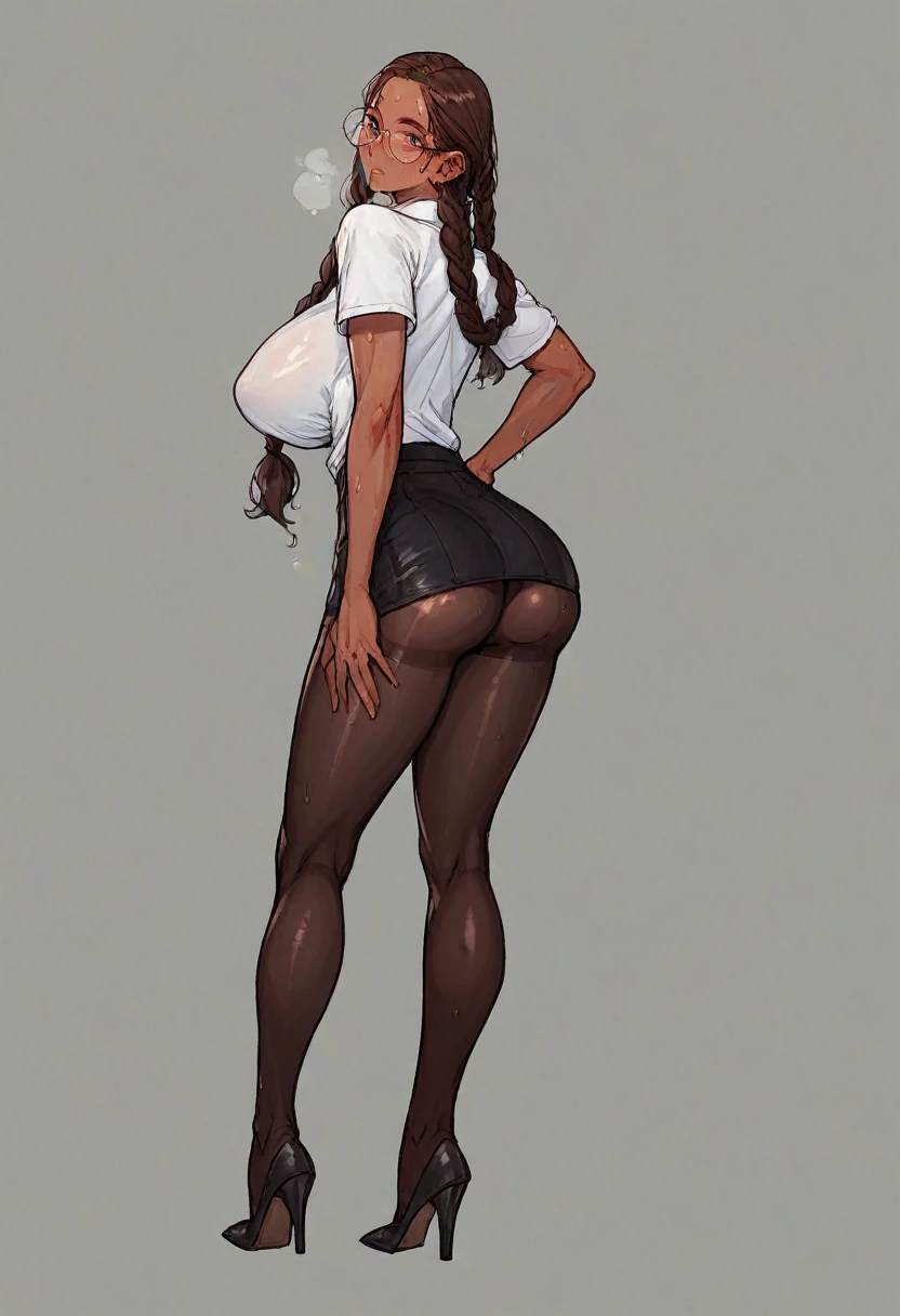 a woman, round glasses, long braids, BROWN SKIN, huge breasts, big butt, Skinny body, innocent expression, posing sexually, sexy outfit, micro skirt, long black tights, high heels, showing the butt, sweating, marked, empty school