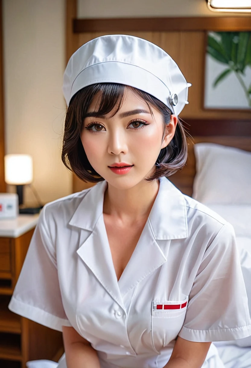(highest quality、8K、32k、masterpiece、UHD:1.2)、photo of cute japanese woman、1 girl、(dark brown medium short hair)、(huge tit)、double eyelid、Take off your white nurse uniform、little white nurse (cap) 、White sheer underwear、full body esbian、Sexy