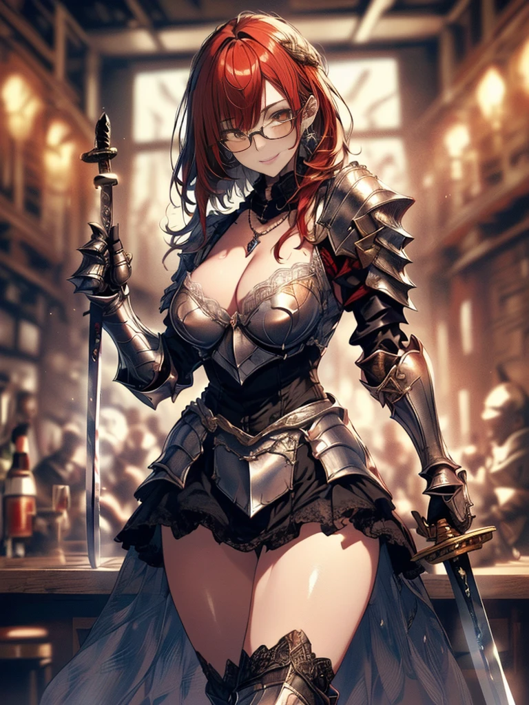 (Highest quality, masterpiece), (Ultra-high resolution, 8k RAW photos, Photorealistic:1.5, Cinema Lighting, Fabric Shading, Thin contours, Clear focus:1.2), Beautiful mature woman, Leaning forward, Long legs, Red hair:1.3, (Wearing thin glasses:1.5), (Mature Woman:1.5, 28 years old, alone), (1 female:1.6), (Large Breasts, Saggy breasts, big , Tight waist), whole bodyesbian, (very short hair:1.8, Red hair:1.3, ), (thin and bright pupils, Highlighted, detailed eyes:1.3, A face with attention to detail, perfect face shape, Bloodshot eyes), (A seductive smile, Half-close your eyes:1.2), (Looking at the audience:1.3), (Dutch Angle, whole body:0.5, From below:1.5), ((Correct Anatomy:1.5, The right move)), (Ideal body proportions),(((Fluttering lace flared mini skirt, Sexy silver armor with attention to detail:1.5、red and black boots、Silver Helmet、Silver Gauntlets、Jeweled、Gold decoration)))、Slender、(Thighs Thighs Thighs Thighs:0.8)、(At the bar、Artistic stained glass、Hello Point、Mysterious、Particles of light、Solemn、Nikko is、colorful、Fantastic:1.2)、(Fantastic:1.3)、(Female knight with sword:1.8)、Cross Necklace:1.2, (Dynamic pose),