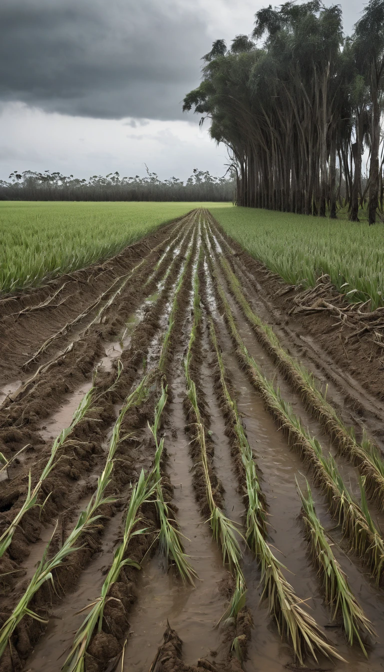 "A vast wheat plantation that was devastated, with the stems broken and scattered on the ground. The wheat, once golden and vibrant, now it is withered and darkened. The sky above is gray and gloomy, with heavy clouds that threaten more storms. Trees in the background are leaning or uprooted, and there are signs of soil erosion, with large furrows where rainwater has eroded the earth. Remnants of a shattered wooden fence and a fallen scarecrow add a sense of abandonment and desolation to the scene.. The atmosphere is one of sadness and loss, reflecting the devastation that took over the plantation."