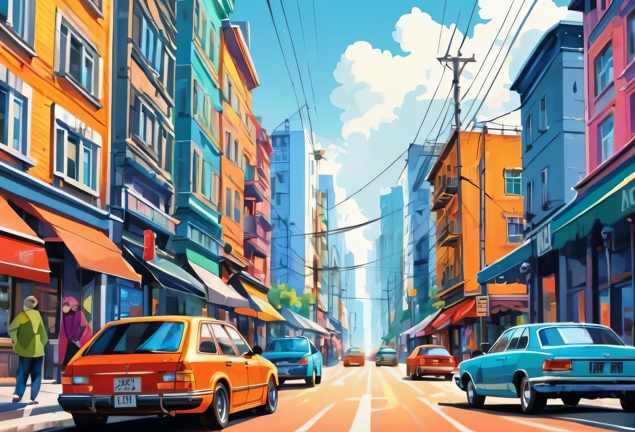 Beautiful city street, cars on the road, front view, modern, (masterpiece best quality:1.2) delicate illustration ultra-detailed, detailed background, illustrations, bright, colourful, 