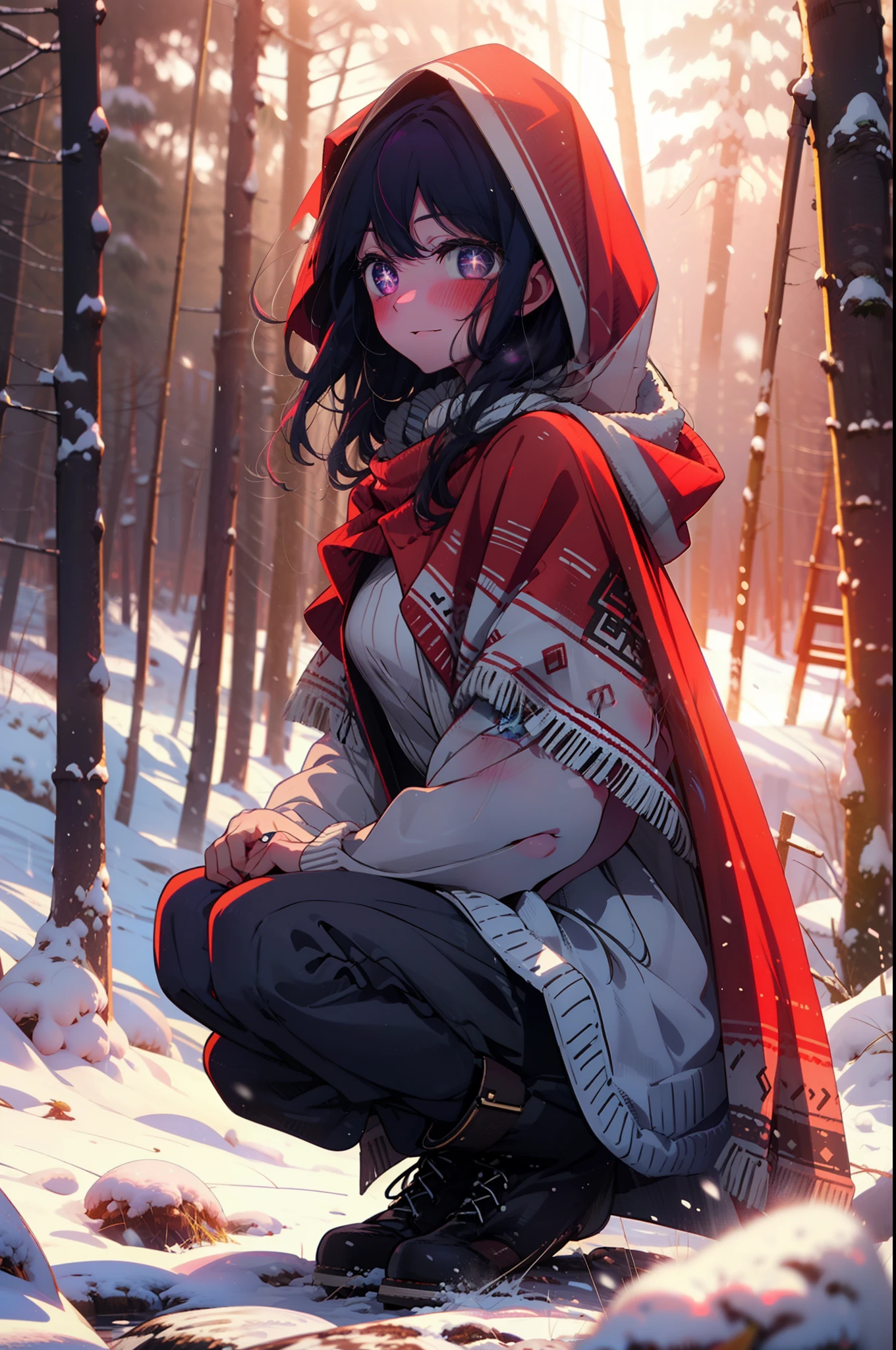 aihoshino, Ai Hoshino, Long Hair, bangs, (Purple eyes:1.1), Purple Hair, (Symbol-shaped pupil:1.5), smile,,smile,blush,White Breath,
Open your mouth,snow,Ground bonfire, Outdoor, boots, snowing, From the side, wood, suitcase, Cape, Blurred, , forest, White handbag, nature,  Squat, Mouth closed, Cape, winter, Written boundary depth, Black shoes, red Cape break looking at viewer, Upper Body, whole body, break Outdoor, forest, nature, break (masterpiece:1.2), Highest quality, High resolution, unity 8k wallpaper, (shape:0.8), (Beautiful and beautiful eyes:1.6), Highly detailed face, Perfect lighting, Highly detailed CG, (Perfect hands, Perfect Anatomy),