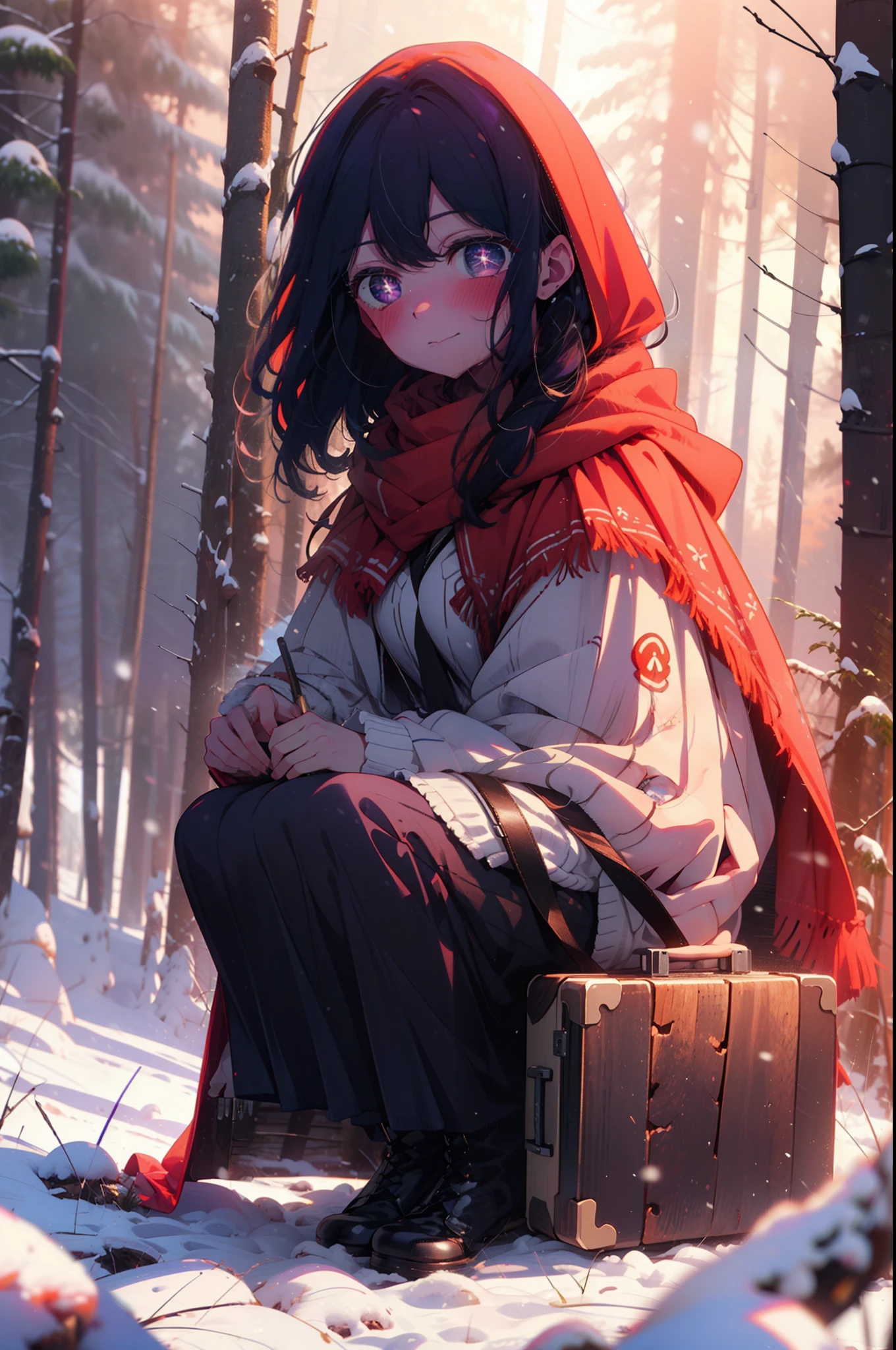aihoshino, Ai Hoshino, Long Hair, bangs, (Purple eyes:1.1), Purple Hair, (Symbol-shaped pupil:1.5), smile,,smile,blush,White Breath,
Open your mouth,snow,Ground bonfire, Outdoor, boots, snowing, From the side, wood, suitcase, Cape, Blurred, , forest, White handbag, nature, Squat, Mouth closed, Cape, winter, Written boundary depth, Black shoes, red Cape break looking at viewer, Upper Body, whole body, break Outdoor, forest, nature, break (masterpiece:1.2), Highest quality, High resolution, unity 8k wallpaper, (shape:0.8), (Beautiful and beautiful eyes:1.6), Highly detailed face, Perfect lighting, Highly detailed CG, (Perfect hands, Perfect Anatomy),