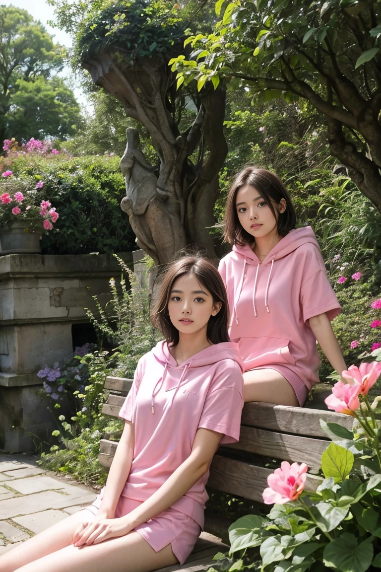 deux femmes ensemble de 18 ans sexy et mince , pink short sleeve hoodie , dans un jardin de fleur, se touche,position sey,sensuel