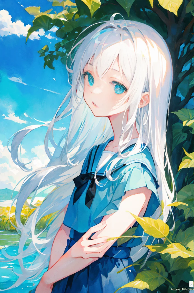 masterpiece, best quality, illustration, watercolor, flat color, blue sky, 1girl, close-up, straight-on, looking at viewer, detailed medium white hair, green eyes, serafuku, parted lips