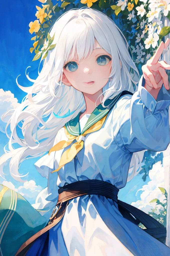 masterpiece, best quality, illustration, watercolor, flat color, blue sky, 1girl, close-up, straight-on, looking at viewer, detailed medium white hair, green eyes, serafuku, parted lips