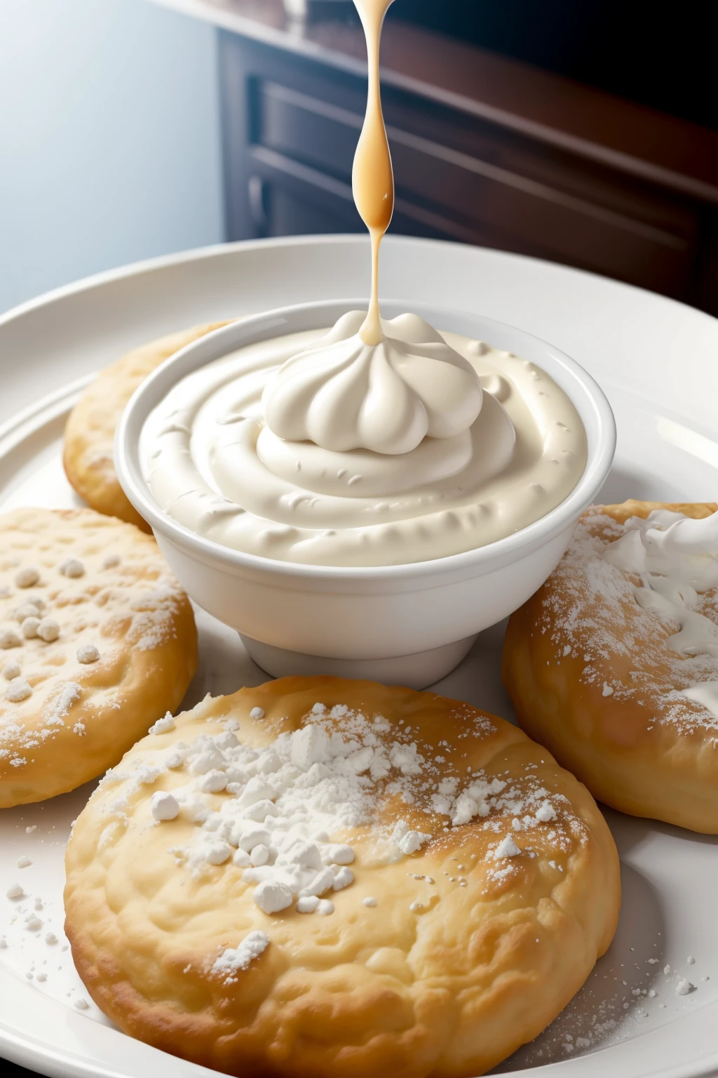 In this captivating visual representation, a delightful deep-fried dough creation takes center stage. Golden brown and crispy, the dough rests elegantly atop a pristine white plate. Drizzled with a generous helping of tantalizing melted cheese, it creates an inviting texture and tantalizing aroma. A dollop of cooling sour cream is nestled atop the cheese, creating a delightful contrast in taste and temperature. The enticing dish is artfully arranged, leaving no doubt of its mouth-watering appeal. The only character in this scene is the irresistible deep-fried dough delight, waiting to be devoured.