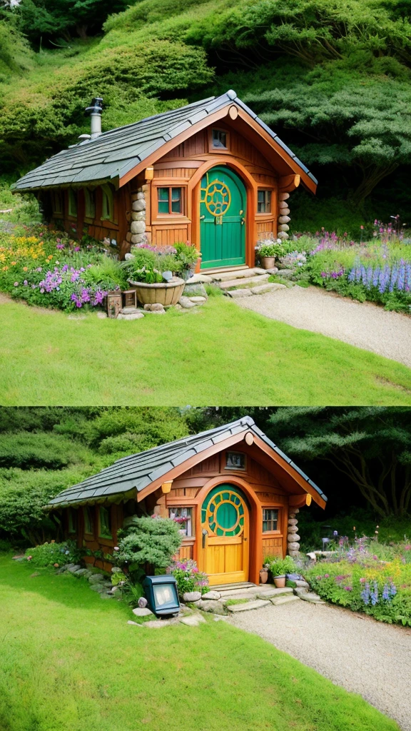 Realistic, real life, beautiful hobbit house on the hill, style of laurie greasley, studio ghibli, akira toriyama, james gilleard, genshin impact, trending pixiv fanbox, acrylic palette knife, 4k, vibrant colors, devinart, trending on artstation