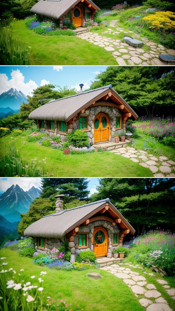 Realistic, real life, beautiful hobbit house on the hill, style of laurie greasley, studio ghibli, akira toriyama, james gilleard, genshin impact, trending pixiv fanbox, acrylic palette knife, 4k, vibrant colors, devinart, trending on artstation