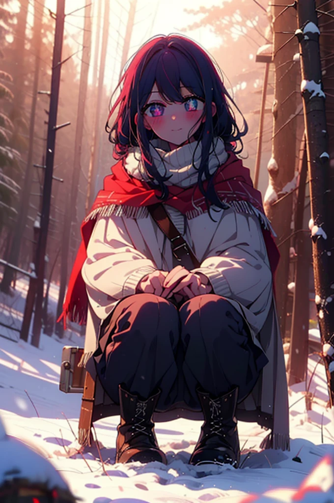 aihoshino, Ai Hoshino, Long Hair, bangs, (Purple eyes:1.1), Purple Hair, (Symbol-shaped pupil:1.5), smile,,smile,blush,White Breath,
Open your mouth,snow,Ground bonfire, Outdoor, boots, snowing, From the side, wood, suitcase, Cape, Blurred, , forest, White handbag, nature, Squat, Mouth closed, Cape, winter, Written boundary depth, Black shoes, red Cape break looking at viewer, Upper Body, whole body, break Outdoor, forest, nature, break (masterpiece:1.2), Highest quality, High resolution, unity 8k wallpaper, (shape:0.8), (Beautiful and beautiful eyes:1.6), Highly detailed face, Perfect lighting, Highly detailed CG, (Perfect hands, Perfect Anatomy),