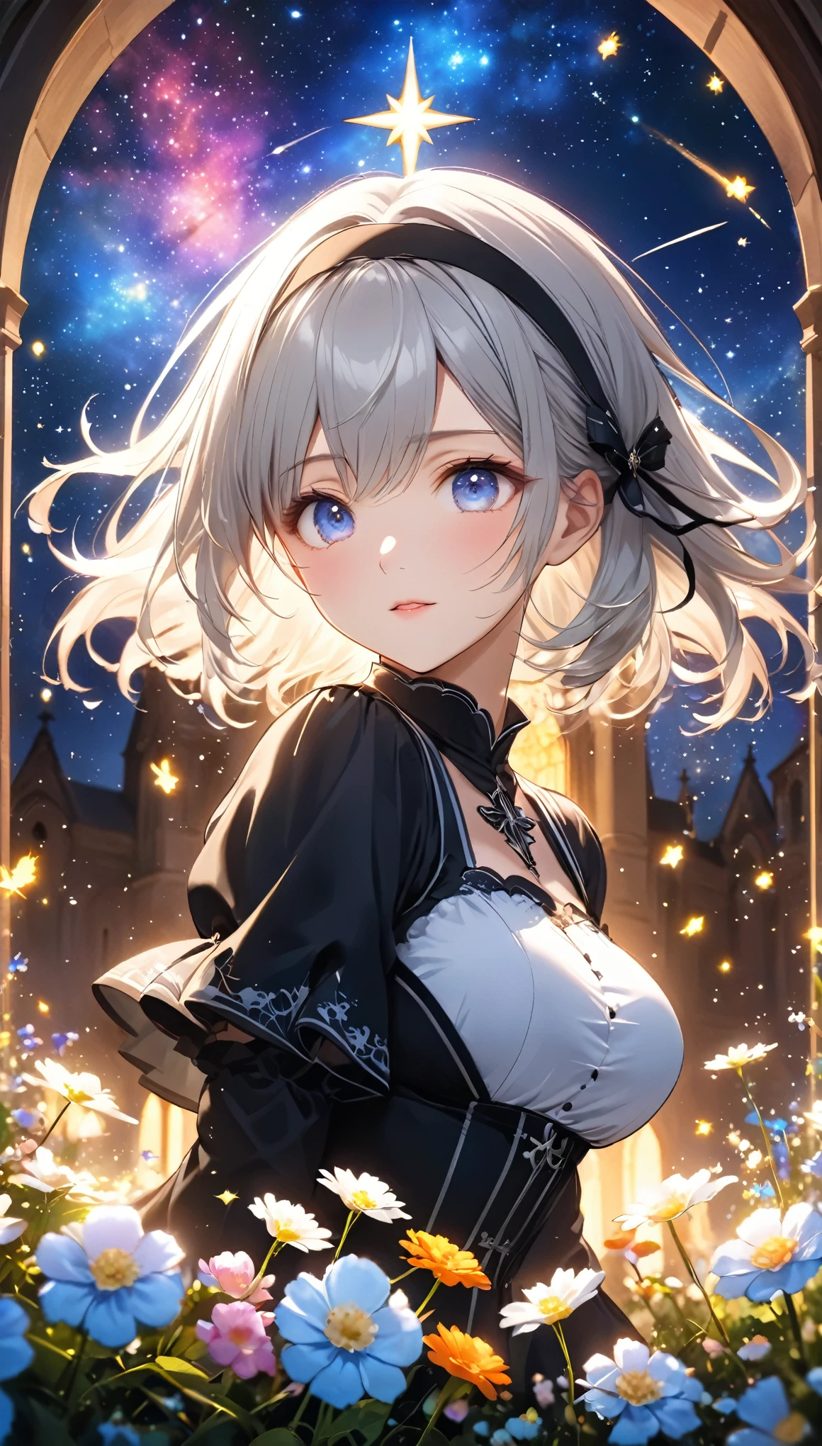 Highest quality, Super quality, 16K, Incredibly absurd, Very detailed, 2.5D, delicate and dynamic, church, Brightly colored stained glass, Small faint lights and flying fireflies, night, Starry Sky, milky way, nebula, shooting star, Flowers, birds, wind and moon, Extremely delicate facial expression, Delicate eye depiction, Upper body close-up, erotic, sole sexy lady, healthy shaped body, 22 years old lady, YoRHa 2b, 170cm tall, huge firm bouncing busts, white short hair, black hair band, YoRHa 2bのコスチューム
