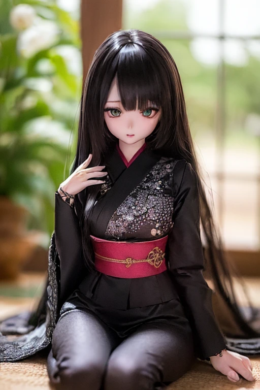 (SFW:2), photorealistic, realistic photo, ((highest quality)), ((masterpiece)), ((extremely detailed)), kukolnydom, doll, (mature woman:1.9), solo, ((from front, seiza, skinny, slender, slim, black kimono, obi, obidome, hair ornament)), green eyes, parted lips, (black hair, long hair, looking at another, almond eyes, blank eyes, empty eyes, detailed eyes, detailed clothes:1.3), Japanese room, 8k