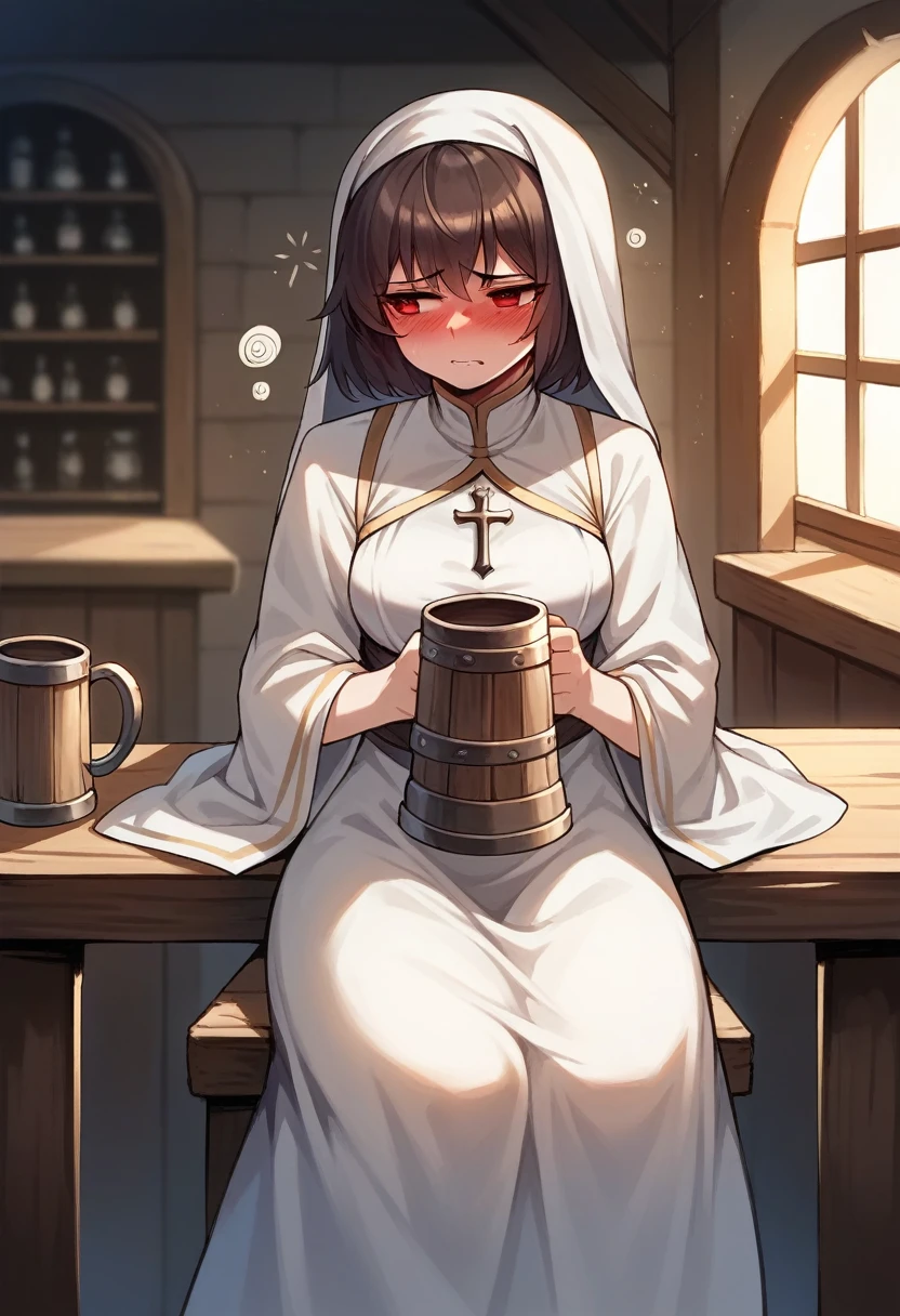 Adult female, average Height, very short brown nair, red eyes, cleric, black on white cleric robes, blushing, tsundere, sad, drunk, drinking from tankard, sitting, fantasy tavern, highly detailed, good detail, best detail, high quality, perfect eyes, looking away, perfect face, no hat, no headress