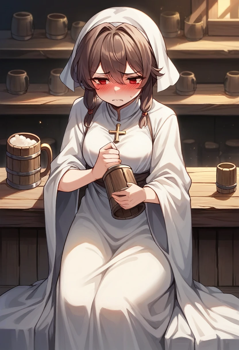 Adult female, average Height, very short brown nair, red eyes, cleric, black on white cleric robes, blushing, tsundere, sad, drunk, drinking from tankard, sitting, fantasy tavern, highly detailed, good detail, best detail, high quality, perfect eyes, looking away, perfect face, no hat, no headress