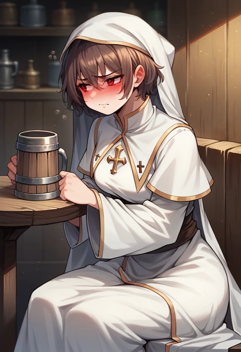 Adult female, average Height, very short brown nair, red eyes, cleric, black on white cleric robes, blushing, tsundere, sad, drunk, drinking from tankard, sitting, fantasy tavern, highly detailed, good detail, best detail, high quality, perfect eyes, looking away, perfect face, no hat, no headress