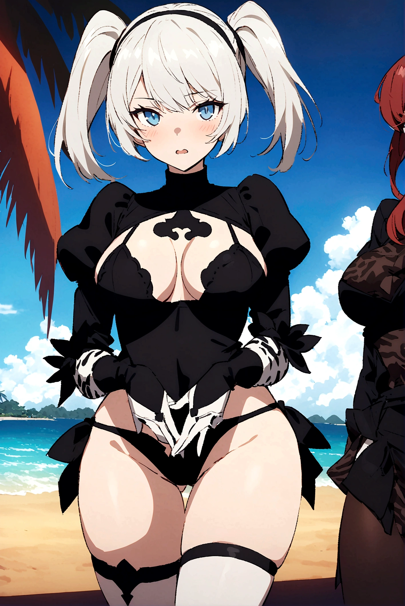 (((NIER AUTOMATA VER1))) MGCM sugar, twintails, Red hair, purples eyes, break (breasts big), reference no, (wearing bikini bottoms), (Bikini with zebra print: 1.2), comely, work of art, 8k resolution, extreme detailed face, 1 girl, Beautiful woman, 20 years old, Eye highlights, cowboy shot, (from low), (((NIER AUTOMATA VER1))gazing at viewer, ssmile, gaping mouth, blush, break (leaning forward:1.2), (Close your chest with both arms:1.3), tomando banho, in the water, splash of waterbreak anime background, sandy beach, blue sea, clear sea, Coral reef, soft sunlight, warm sunlight, tropical country, distant island, palm tree,((( WOMAN IN TSHUPI STYLE NIER AUTOMATA VER1))