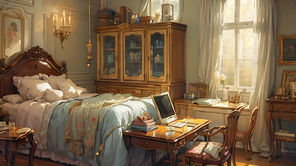 (((masterpiece))), (((best quality))), A magical dorm bedroom, vintage interior