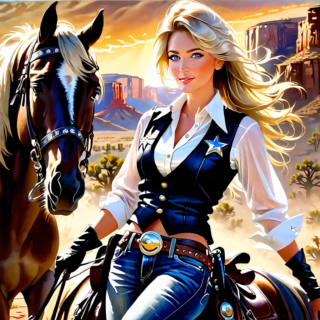 (high qualiy, high resolution, 8K), Detailed oil painting, (1womanl, cowgirl, gunslinger, beautiful brunette with blue eyes, seductiv, Perfect Anatomia, fully body, flowing blonde hair, gazing at viewer, wide and seductive smile, with leather vest, white shirt with long V-neck , shirt tied at the waist with a knot, shirt cut to the navel , cowboy belt with silver buckle, jeans, cowboy boots with shiny spurs, 2 revolvers on the waist, holding a Winchester 44 shotgun, sheriff star on chest, scarf wrapped around neck), (a black horse, thoroughbred horse, indomitable stallion prancing on two legs, skittish horse, noose tied to the saddle), (Setting of the Wild West, golden hour time, rays of sunlight, beautiful old west landscape, leaving a large trail of dust)