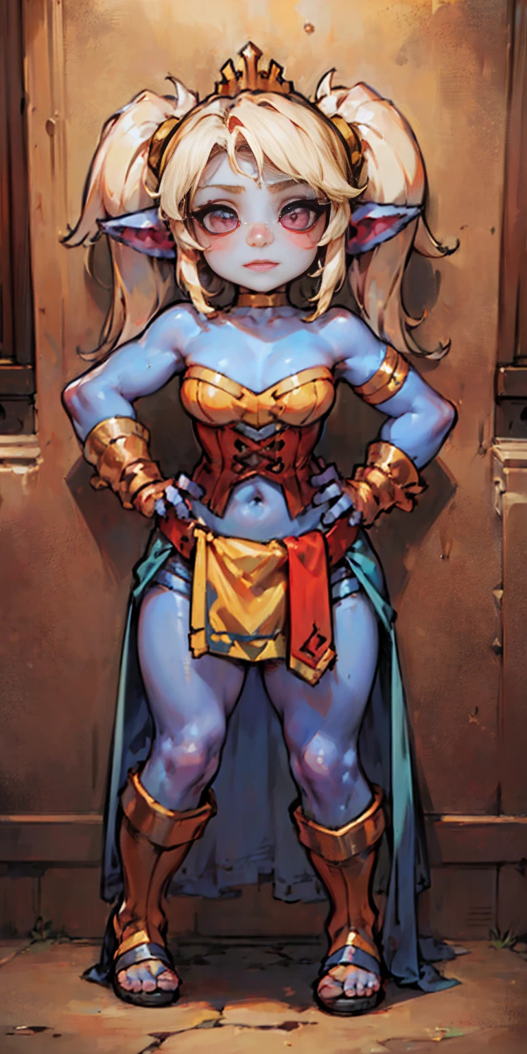 Poppy the keeper blue pale skin full body whole body 1sologirl loincloth standing warrior proud expression, hands on hips, loincloth standing, hands on hips, metal sandals, leather choker with golden bell bellybutton navel, leather corset, big belt, view from below, feet together, bracers, tiara