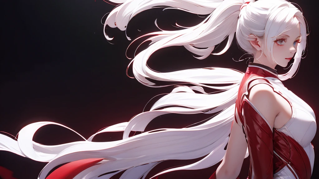 1 Girl, medium light white hair, light white eyes, wearing Red Suit 4D , night TOWN 18+, high res, ultrasharp, 8K, masterpiece, looking from behind