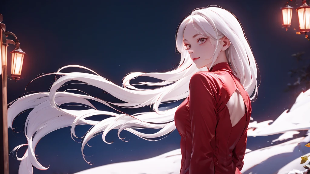 1 Girl, medium light white hair, light white eyes, wearing Red Suit 4D , night TOWN 18+, high res, ultrasharp, 8K, masterpiece, looking from behind