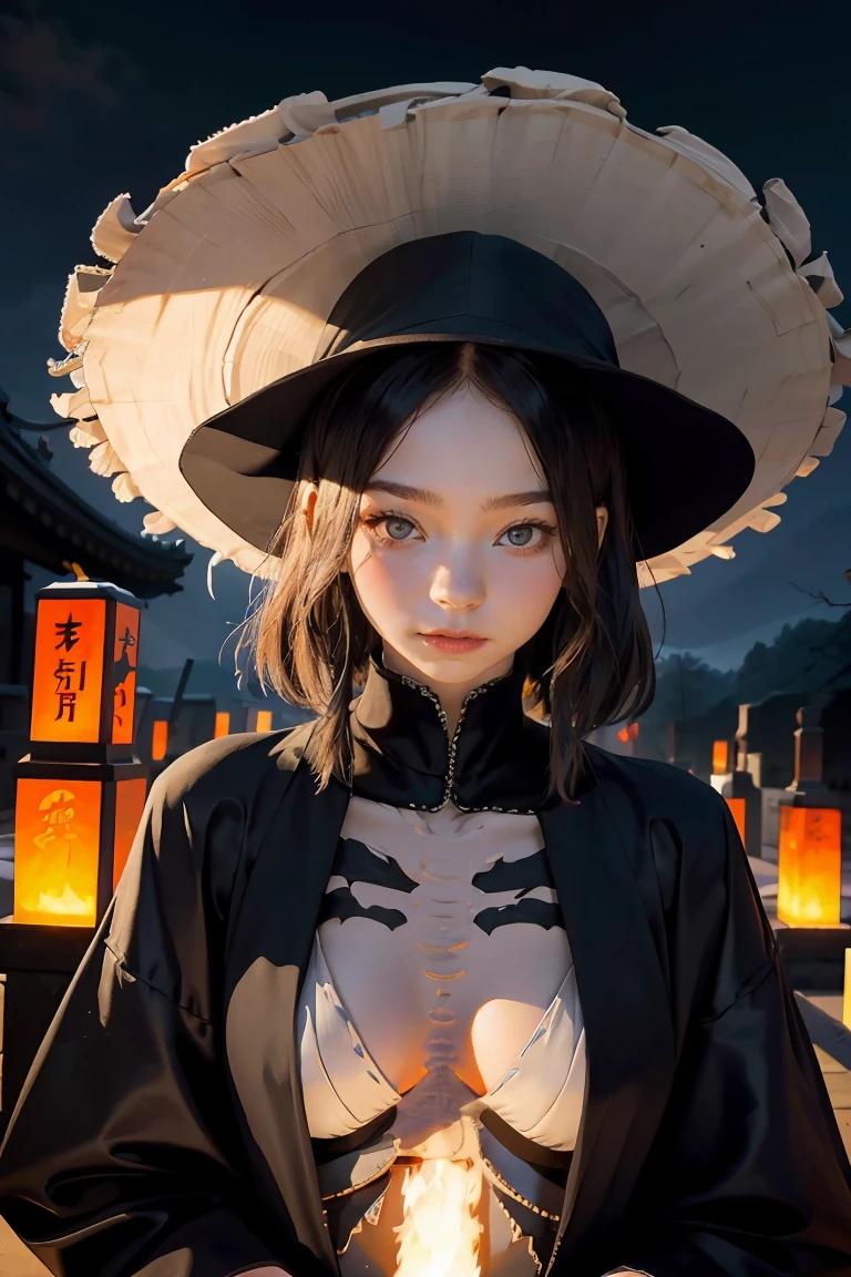 arafed woman in a skeleton costume with a hat on her head, hone onna skeleton geisha, skeleton girl, xue han, goddess of death, goddess of death in a graveyard, inspired by Xie Huan, eerie art style, saint skeleton queen, lulu chen, halloween art style, jingna zhang, wenfei ye, 2 d cg