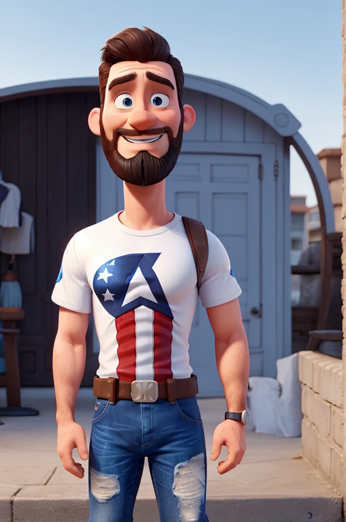 white man, 40 years old, with bad beard, short hair up, blue Captain America t-shirt, jeans, black sneakers with white stripe, High definition, 3D Pixar Style, with shy smile
