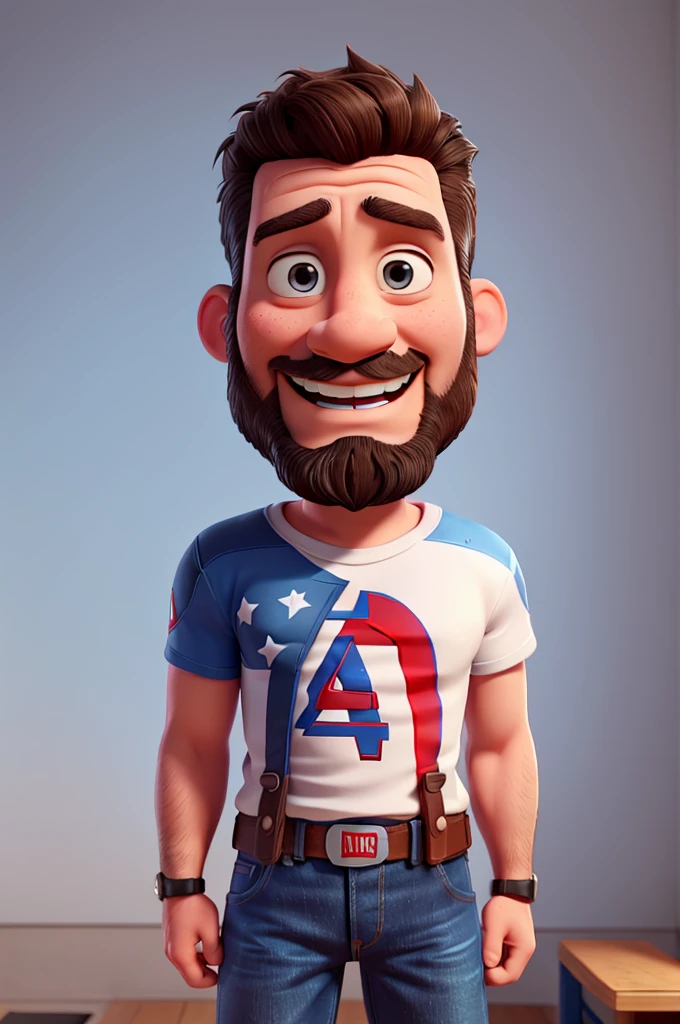 white man, 40 years old, with bad beard, short hair up, blue Captain America t-shirt, jeans, black sneakers with white stripe, High definition, 3D Pixar Style, with shy smile