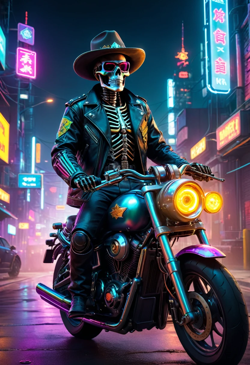 Cyberpunk style:(Skeleton Sheriff riding a motorcycle),metallic feel,Wearing a cowboy hat+Cockade+Neon brim,Wearing a leather jacket,retro futuristic style,Glowing eyes,High-tech weapons hanging on the belt,Wire and Cable,Night view,Bright colors,Electric Spark,Dystopian Cityscape,Network Enhancement,Mixed reality。(Best quality,4K,8K,high resolution,masterpiece:1.2),Extremely detailed,(Practical,photoPractical,photo-Practical:1.37),