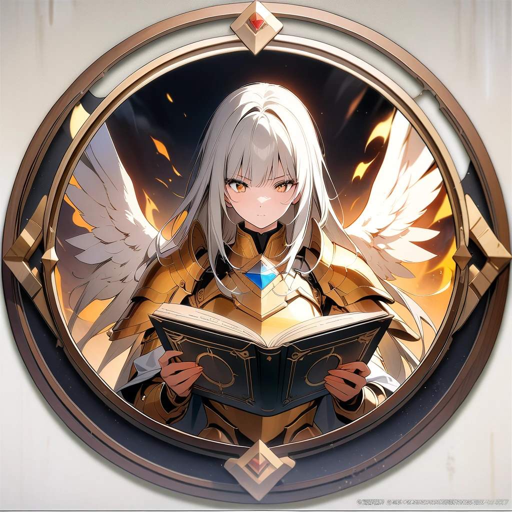 (circle frame1.7), epic female warrior on fire ablaze in white and gold armor with angel wings, masterpiece art, reading diamond book, icon, circle frame,