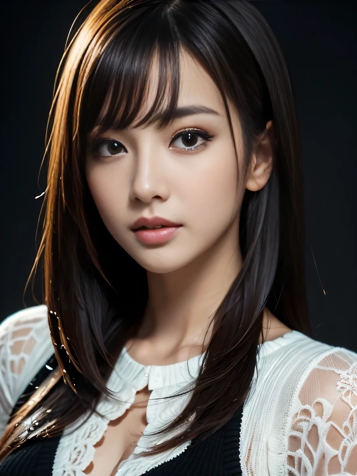 masterpiece, best quality, ultra-detailed, intricately detailed hyperdetailed, realistic, sharp features, highly detailed, sharp focus, Japanese idol, perfect face, perfect symmetrically perfect eyes, perfect full lips, flexible female form, cinematic, film light, hyper detailed, hyper realistic, high resolution, vibrant, dynamic studio lighting, Dark background, (long hair, straight Bangs), brown Eyes, Black knit, Portraiture,