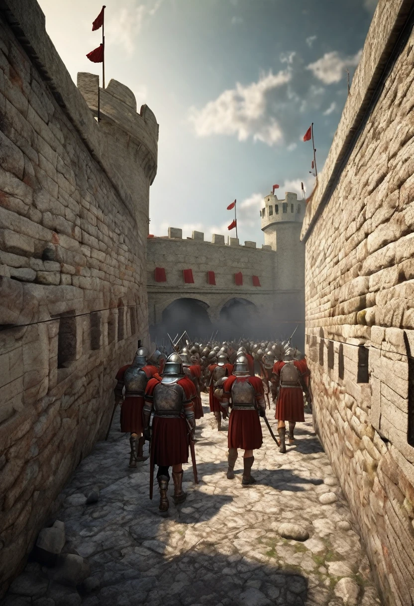 3D, assault on the walls of a Roman fortress, zombie invaders, medieval roman soldiers defending. Daytime environment. 