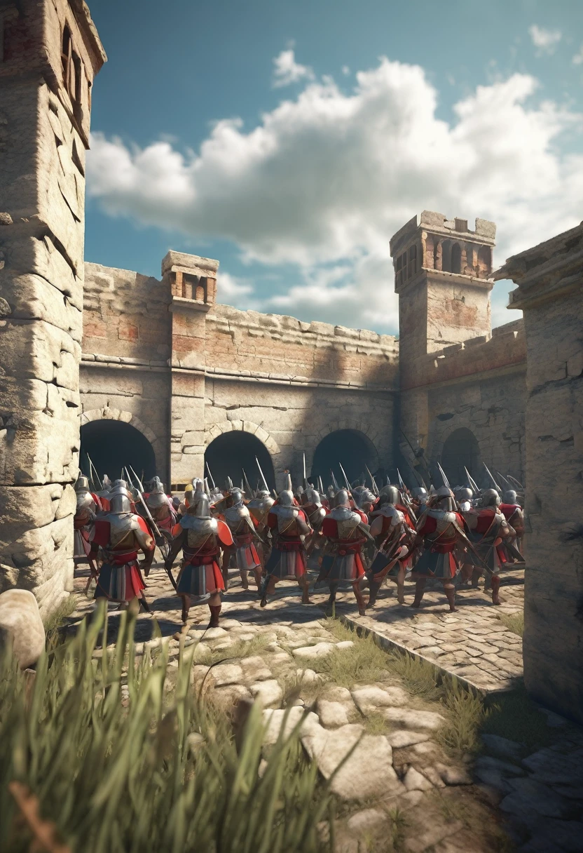 3D, assault on the walls of a Roman fortress, zombie invaders, medieval roman soldiers defending. Daytime environment. 