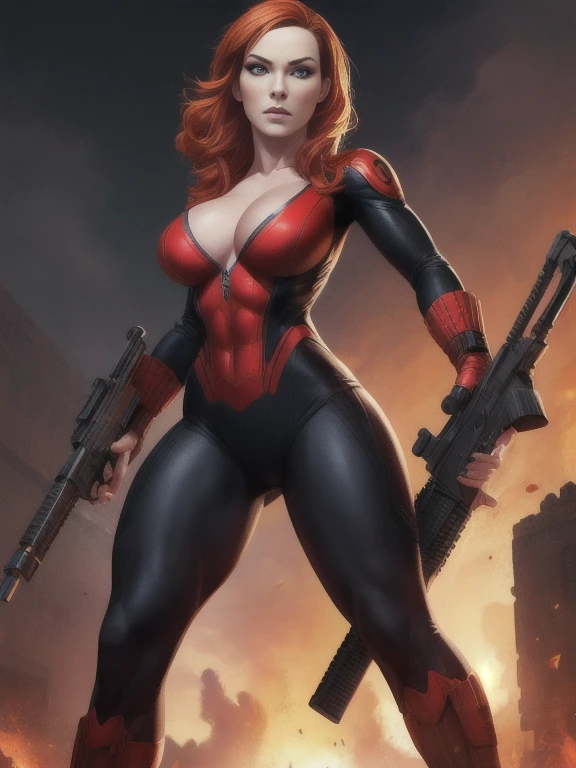 Subject: A photorealistic portrayal of Christina Hendricks as Black Widow from Marvel Comics, standing confidently in her sleek and deadly attire. Type of Image: Photorealistic digital artwork featuring Christina Hendricks as Black Widow Art Styles: Photorealism, showcasing intricate details of Black Widow's costume, weapons, and her intricate details of Christina Hendricks's face Camera: Shot with a medium lens to provide a balanced view of Black Widow's figure and expression. Shot: Full-body shot, highlighting Black Widow's agile stance and poised demeanor. Render Related Information: High-resolution render (4K) with meticulous attention to detail in Black Widow's costume texture, weaponry, and facial features.