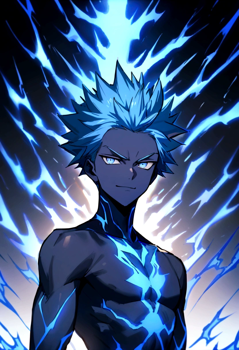 Teenage boy, spiky hair, long hair, bright light blue hair, shining blue eyes, serious face, Simple smile, dark blue skin, bare chest, 3 meters tall, blue tattoos on the body, intense electric aura