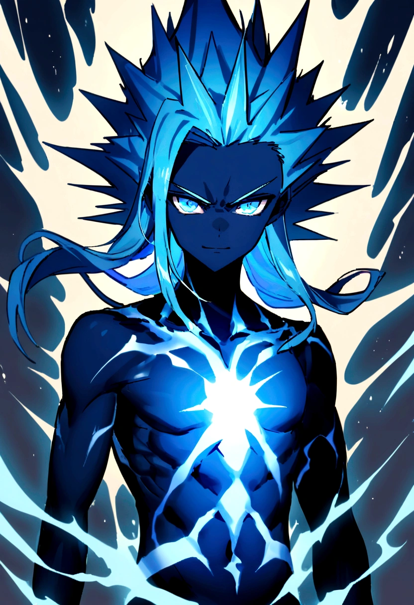 Teenage boy, spiky hair, long hair, bright light blue hair, shining blue eyes, serious face, Simple smile, dark blue skin, bare chest, 3 meters tall, blue tattoos on the body, intense electric aura