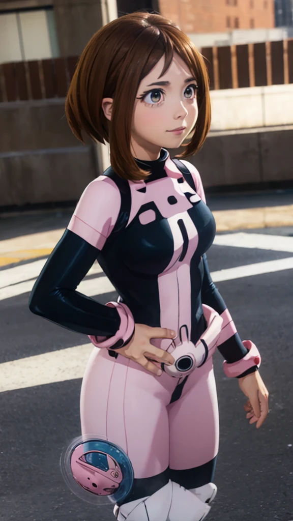 ochakouraraka, ochako uraraka, (uraraka ochako:1.5), (brown eyes:1.5), brown hair, short hair, blush, blush stickers, smile,
BREAK (bodysuit:1.5), skin tight, superhero,
BREAK outdoors, city,
BREAK looking at viewer, standing, idle, hand on hip
BREAK (masterpiece:1.2), best quality, high resolution, unity 8k wallpaper, (illustration:0.8), (beautiful detailed eyes:1.6), extremely detailed face, perfect lighting, extremely detailed CG, (perfect hands, perfect anatomy),