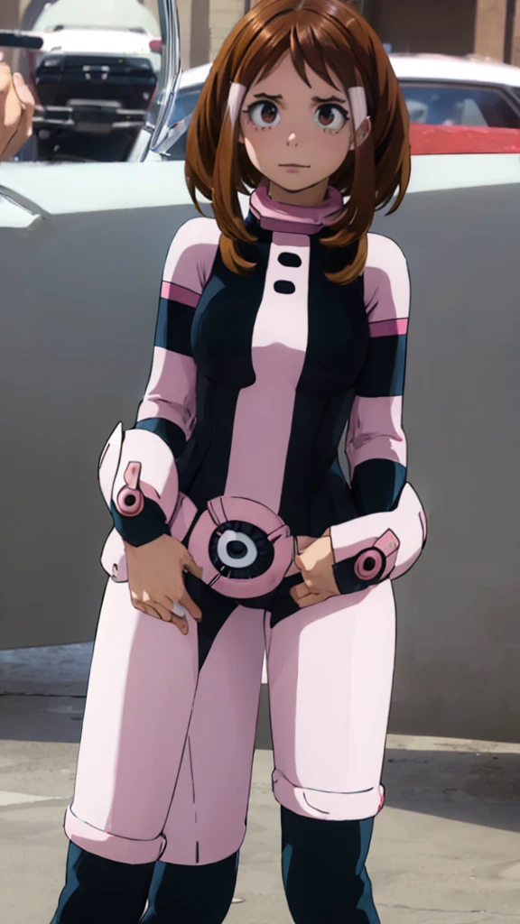 ochakouraraka, ochako uraraka, (uraraka ochako:1.5), (brown eyes:1.5), brown hair, short hair, blush, blush stickers, smile,
BREAK (bodysuit:1.5), skin tight, superhero,
BREAK outdoors, city,
BREAK looking at viewer, standing, idle, hand on hip
BREAK (masterpiece:1.2), best quality, high resolution, unity 8k wallpaper, (illustration:0.8), (beautiful detailed eyes:1.6), extremely detailed face, perfect lighting, extremely detailed CG, (perfect hands, perfect anatomy),